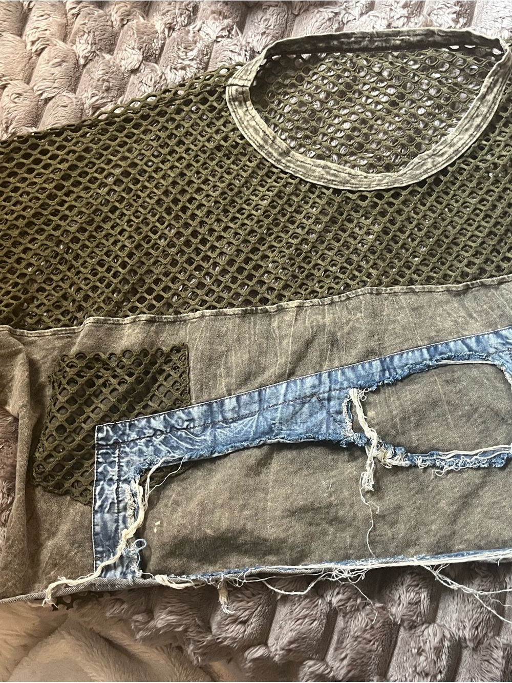 Olive Mesh & Gray Patchwork Short Sleeve crop Tee with Denim Accents